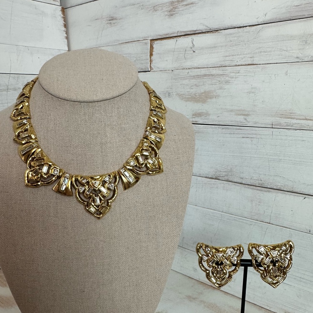Rare Vintage YSL Art Deco Necklace and Earring Set with crystals